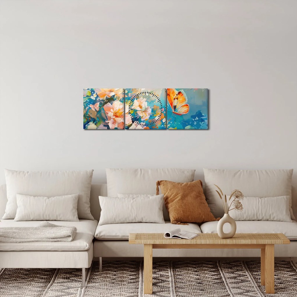 Tablou - Fluture și flori, pictură în ulei II. (cu ceas) (90x30 cm)