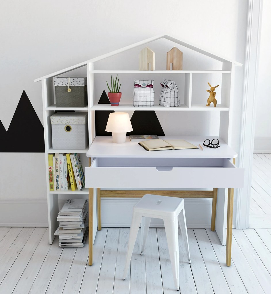 Birou din MDF/pin cu spatiu de depozitare alb 100 cm