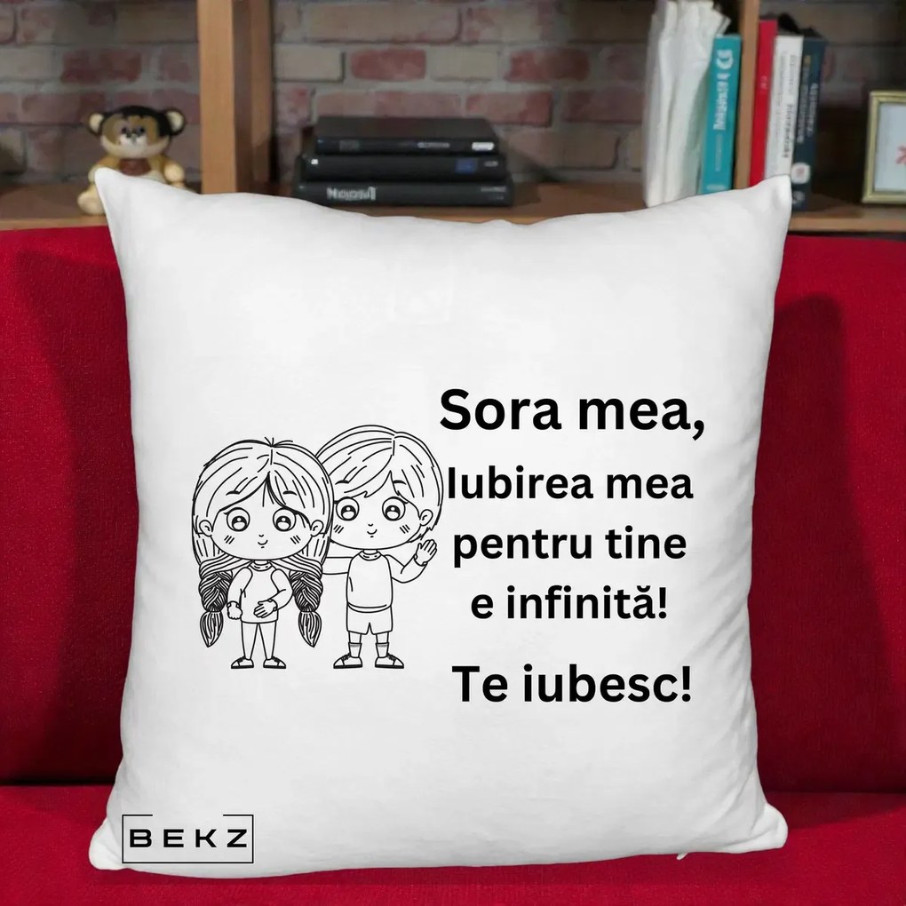 Cadou pentru Sora - Perna Personalizata Sora Mea Te Iubesc Copii Anime Line Art, 40x40 cm, Alb Pufos, Husa Detasabila, Perna Inclusa, BEKZ®