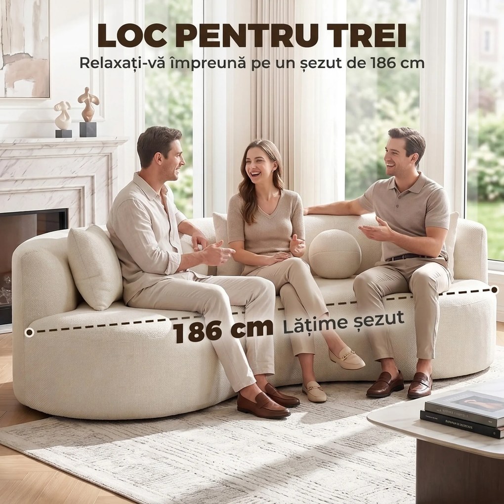 HOMCOM Canapea 3 locuri fără cadru, cu șezut amplu și adânc, spătar curbat, 2 perne, chenille, crem | Aosom Romania