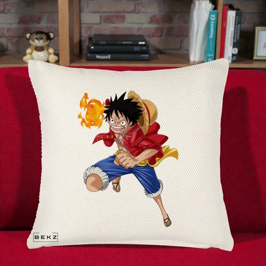 Perna Personalizata One Piece Luffy Gear Second Foc, 40x40 cm, Crem Reliefat, Husa Detasabila, Perna Inclusa, BEKZ®
