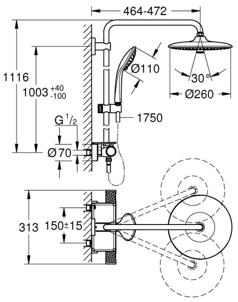 GROHE 26403002 - Sistem de duș VITALIO JOY 260 450 mm, crom lucios