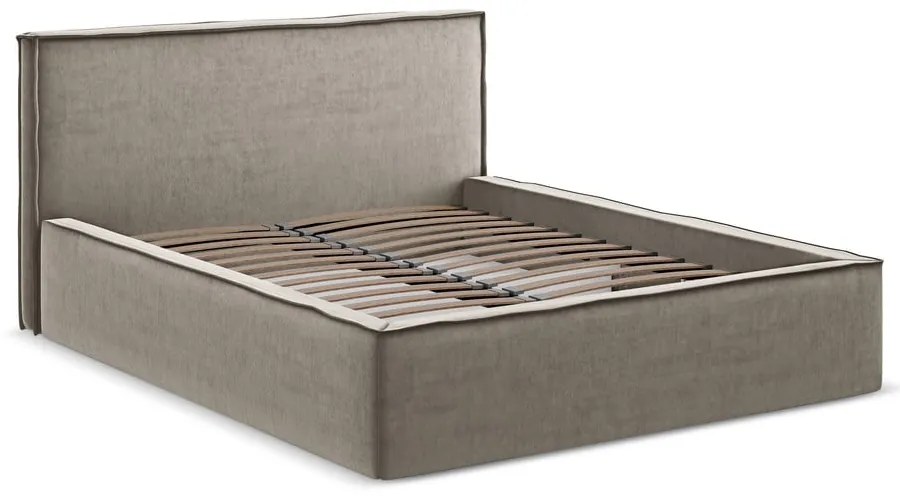 Pat matrimonial taupe tapițat cu spațiu de depozitare cu somieră 160x200 cm Anani – Makamii