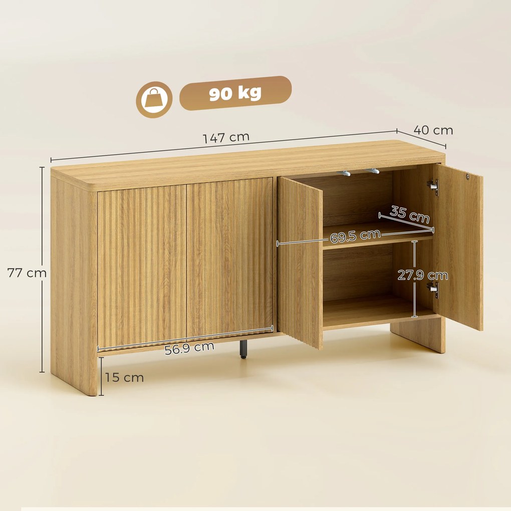 HOMCOM Bufet living, mobilier de depozitare cu 4 uși canelate, raft reglabil, deschidere prin apăsare, 147x40x77cm, stejar | Aosom Romania