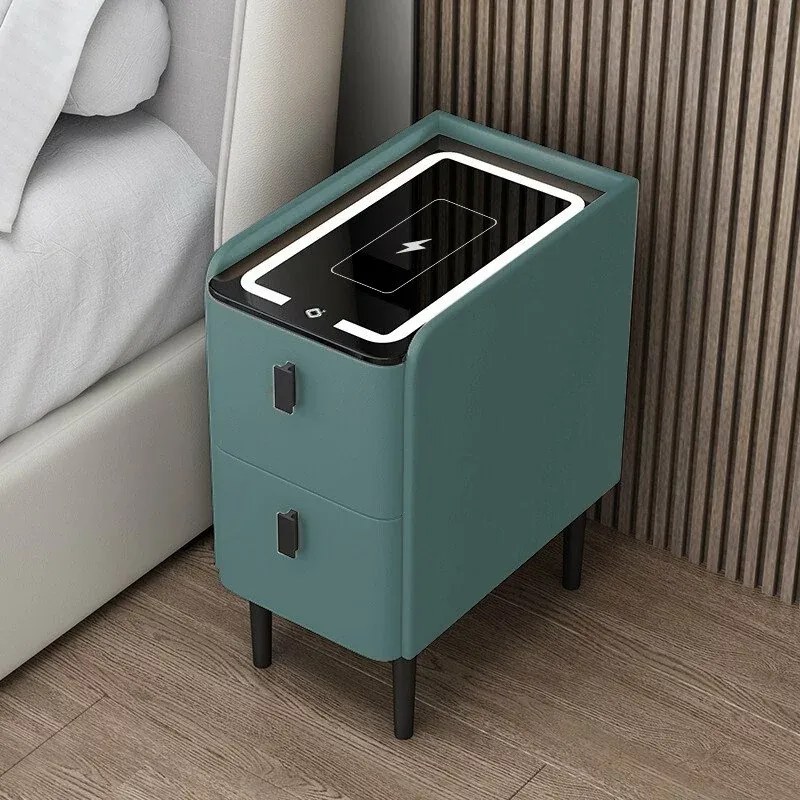 Noptieră inteligentă slim cu &icirc;ncărcare wireless, iluminare LED și 2 sertare &ndash; culoare verde, design modern din sticlă și lemn