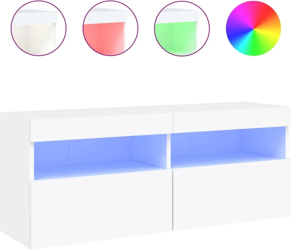 vidaXL Comodă TV de perete cu lumini LED, alb, 100x30x40 cm