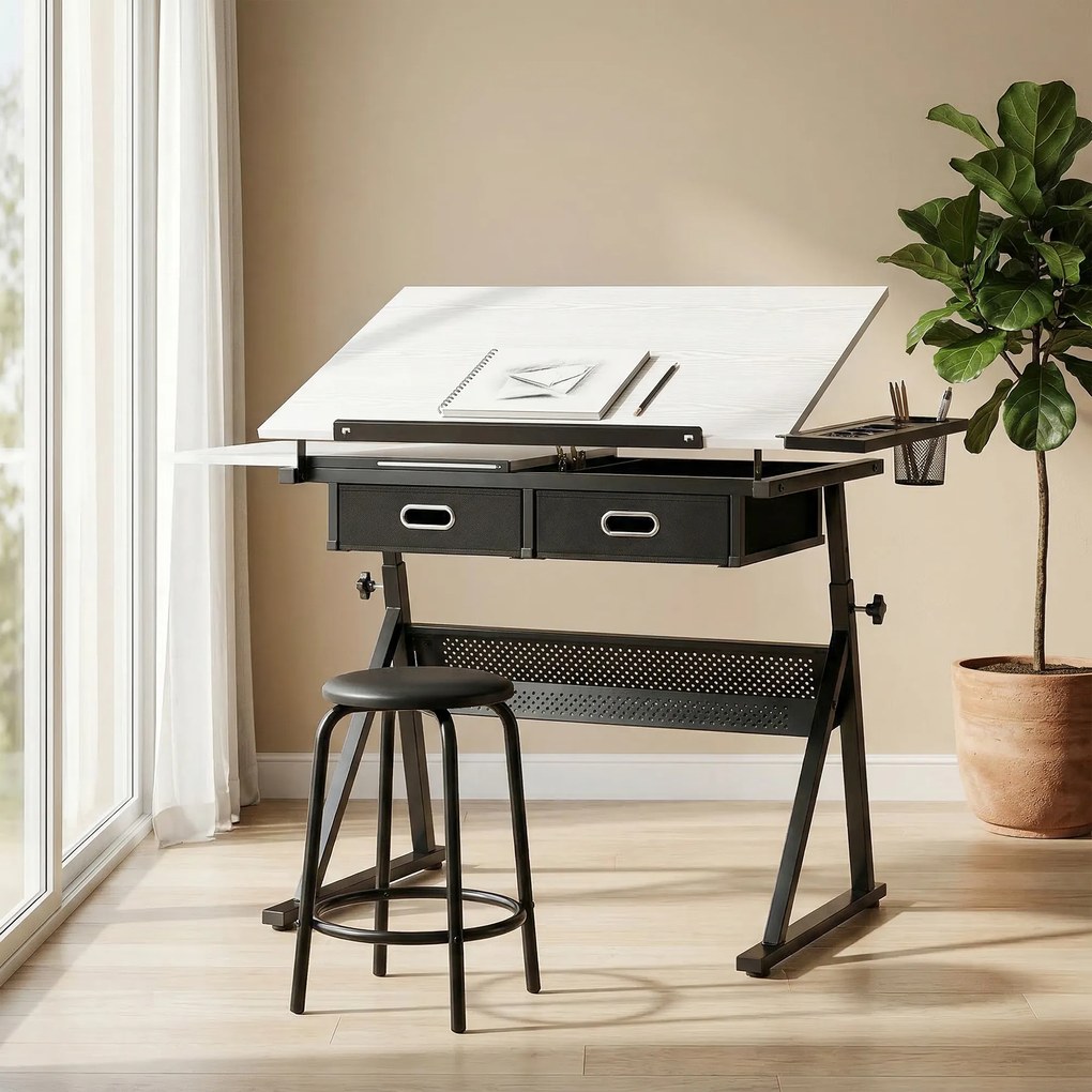 HOMCOM Masă de desen cu taburet și 2 sertare, înălțime reglabilă, blat înclinabil 0° à 60°, 120 x 60 x 68-92 cm, alb | Aosom Romania