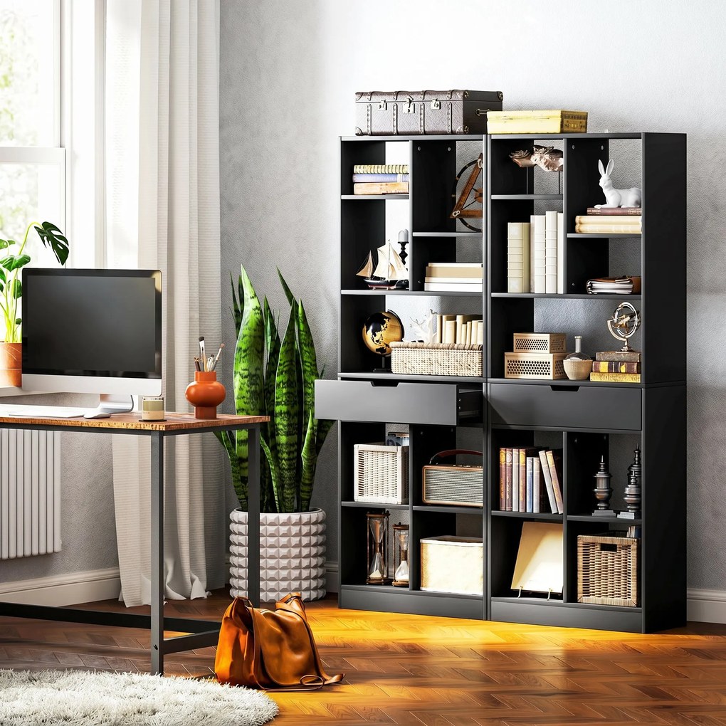 HOMCOM Bibliotecă Modernă din Lemn cu Sertar Central și Kit Antirăsturnare, 60x26x158 cm, Negru | Aosom Romania