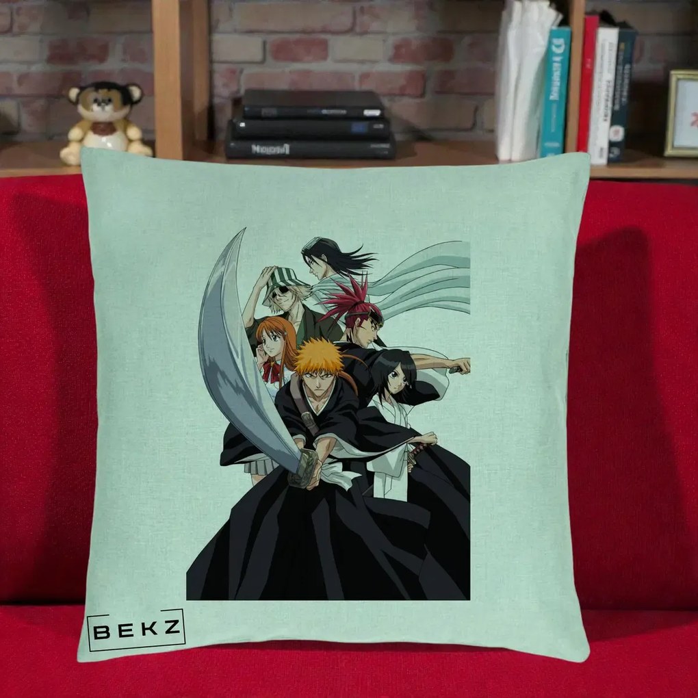 Perna Personalizata Bleach Grup Complet Ichigo si Prietenii, 40x40 cm, Verde Menta, Husa Detasabila, Perna Inclusa, BEKZ®
