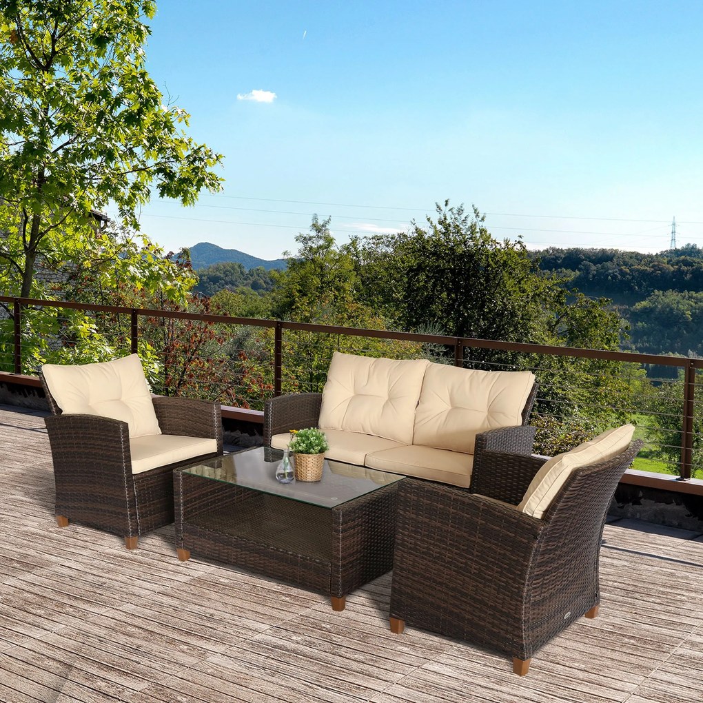 Set Mobilier de Gradina 4 Piese din Ratan PE cu Masuta Outsunny, Maro, Bej 124x68x76cm | Aosom Romania