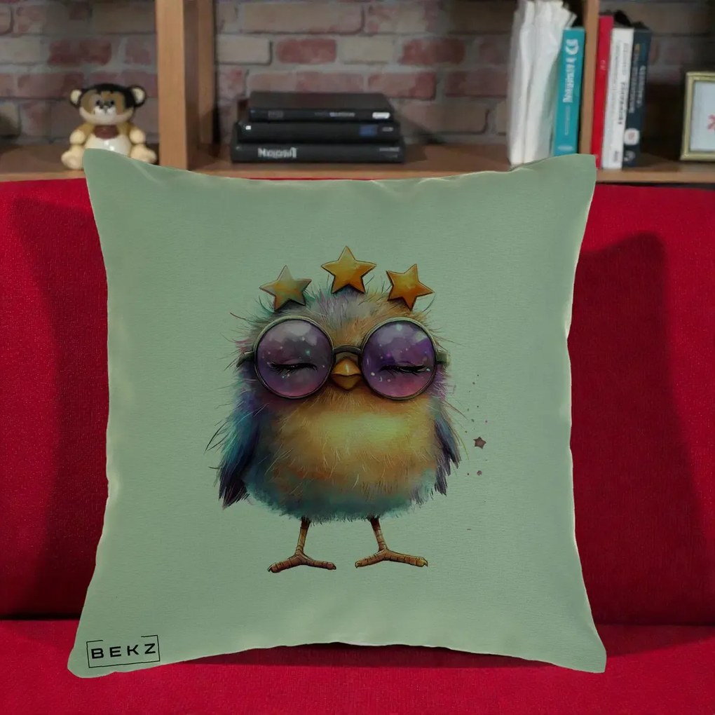 Perna Decorativa Pui Pop Star cu Ochelari Stele Violet, 40x40 cm, Verde, Husa Detasabila, Perna Inclusa, BEKZ®