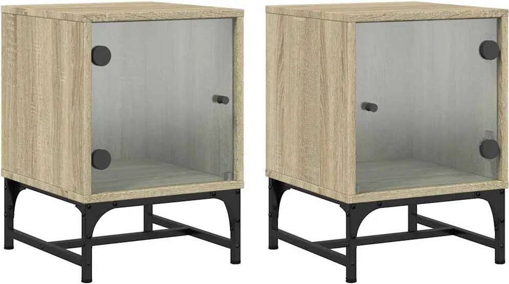 vidaXL Noptiere cu uși din sticlă, 2 buc., stejar sonoma, 35x37x50 cm