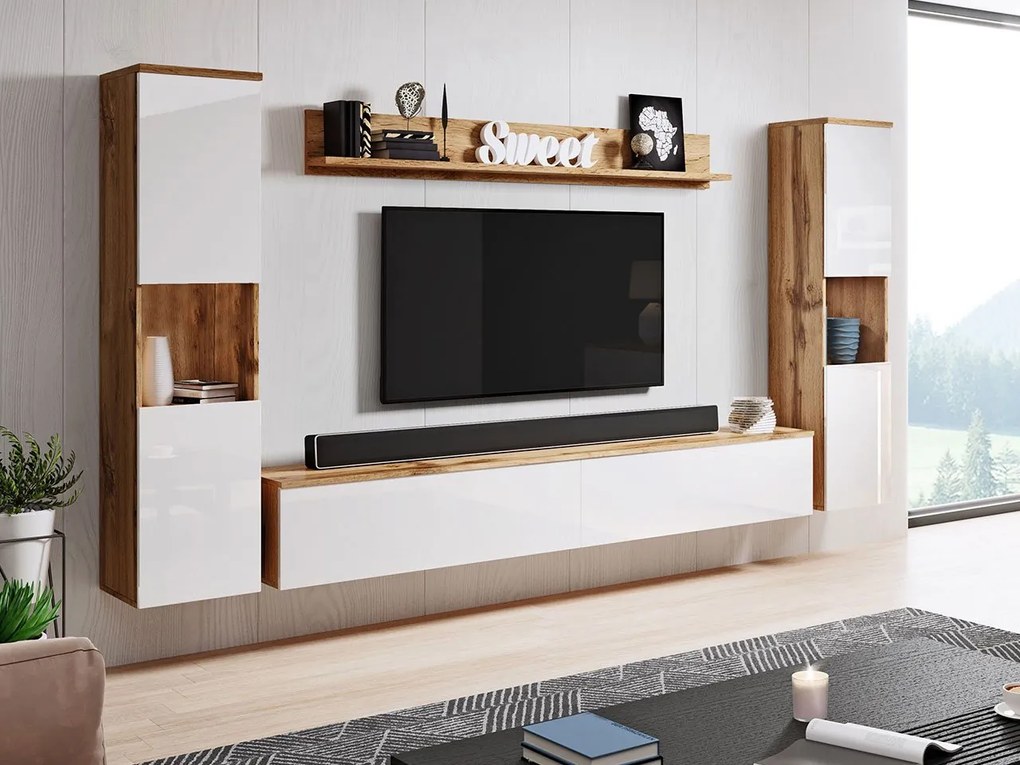 Mobilier living Nova XL (Stejar wotan + Alb lucios) (fără iluminat). 1060055