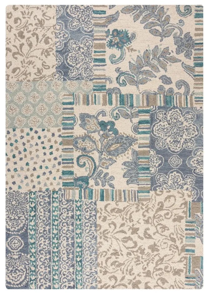 Covor albastru-bej țesut manual din lână 200x290 cm Eloise Patchwork – Flair Rugs