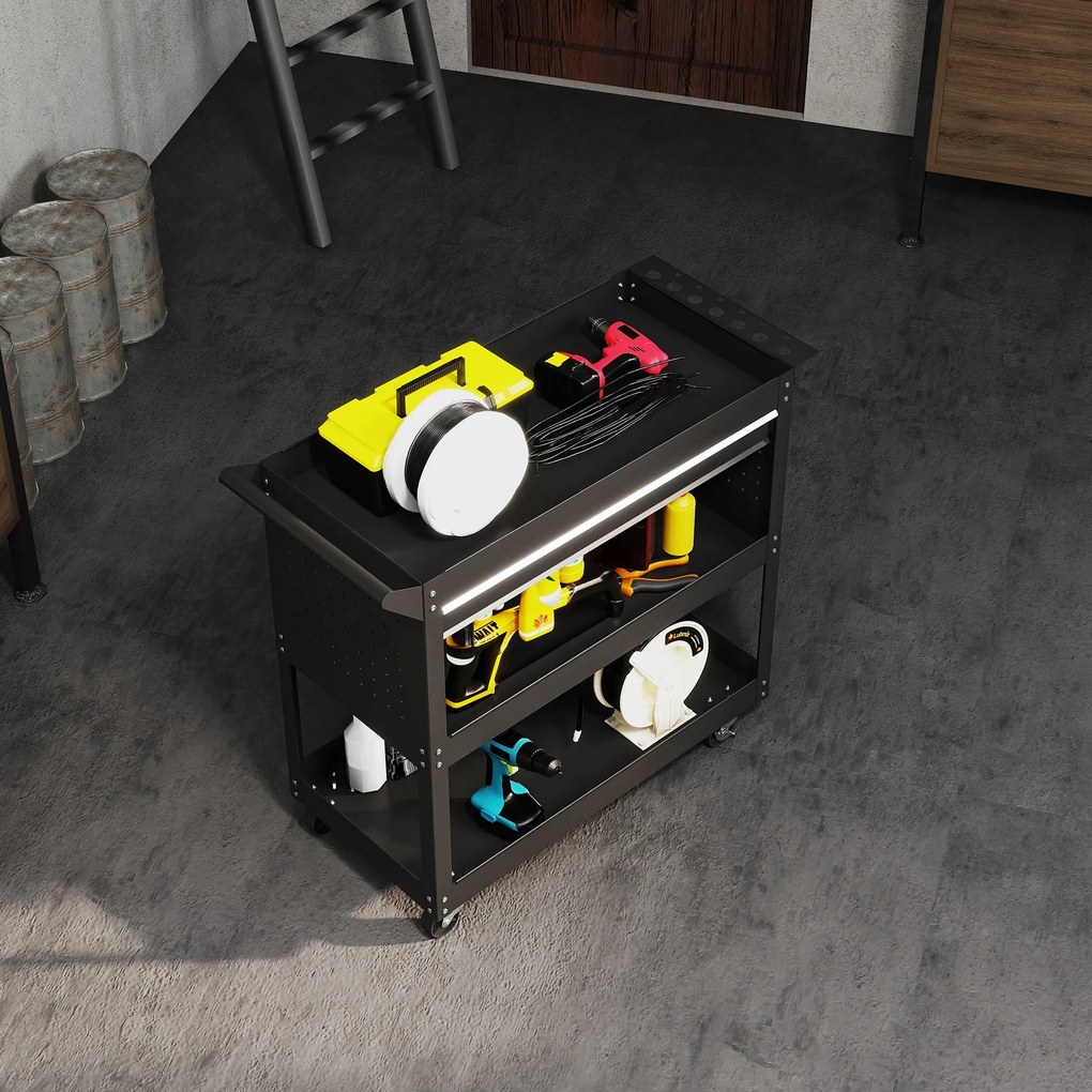 DURHAND Cărucior cu 3 Niveluri din Oțel cu Sertar, Suport Lateral pentru Unelte și Mâner, Negru | Aosom Romania