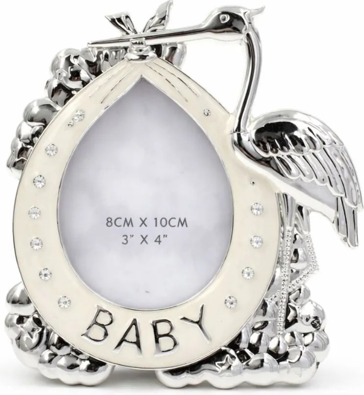 Ramă Foto BABY Barză Argintie AZAY cu Cristale, 8x10 cm, Ramă Foto Nou-Născut, Cadou Botez Băiat sau Fetiță, Cutie Cadou