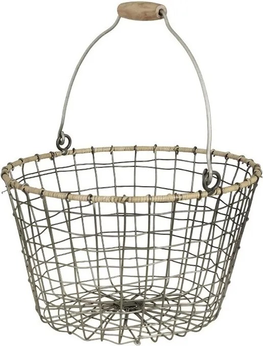 Coș rustic din zinc rotund, mic, mâner din lemn, Ø 30 cm, „Alvar"