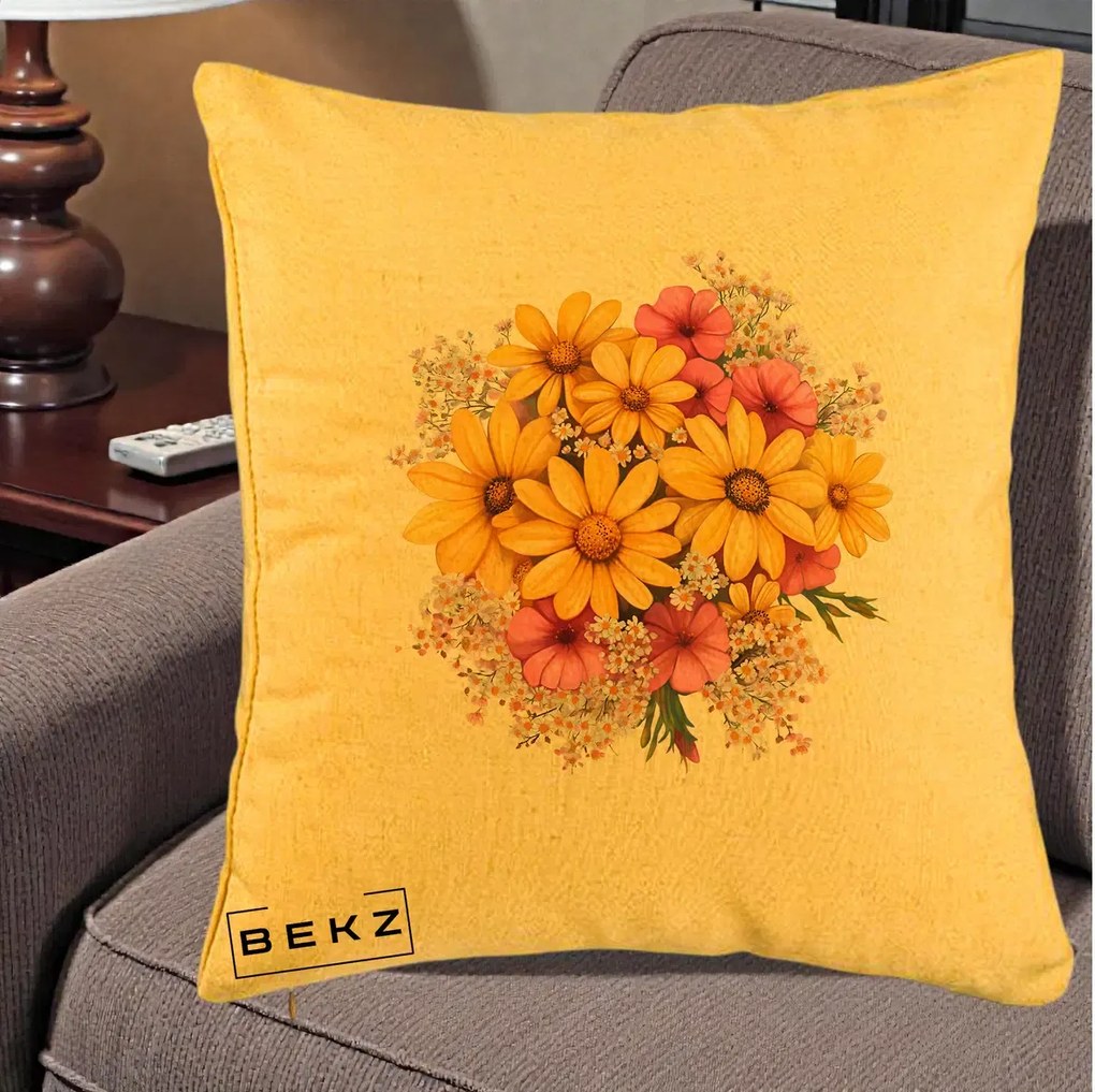 Perna Decorativa Floarea-Soarelui cu Cosmos Roz si Gypsophila, 40x40 cm, Galben, Husa Detasabila, Perna Inclusa, BEKZ®