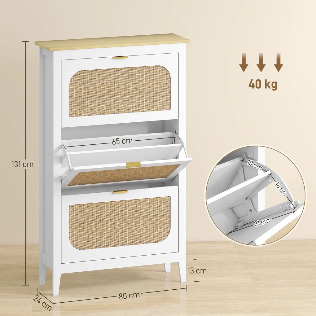 HOMCOM Dulap pentru încălțăminte 21 perechi boem cu 3 sertare rabatabile, uși cu efect cannage ratan, 80 x 24 x 131 cm, alb | Aosom Romania