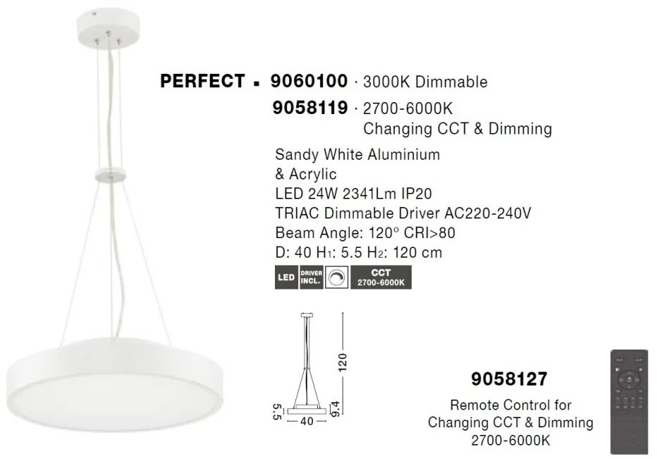 Lustra LED suspendata design circular PERFECT 40cm alba 3000K Dimmable