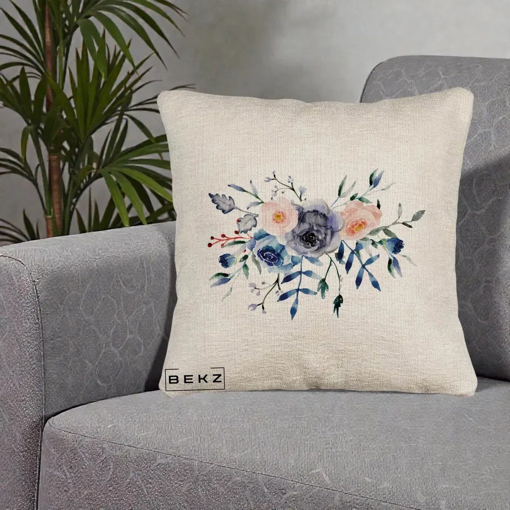 Perna Decorativa Buchet Flori Albastre Acuarela, 40x40 cm, Bej Canapea, Husa Detasabila, Perna Inclusa, BEKZ®