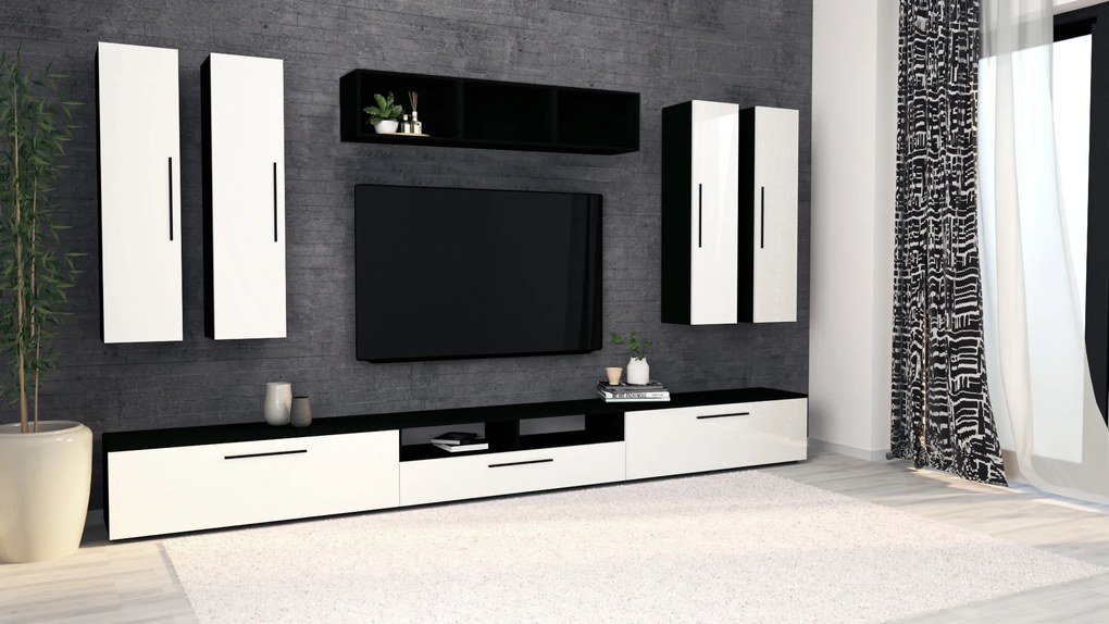 Living haaus Haga V4, Alb Lucios/Negru, MDF, L 360 cm
