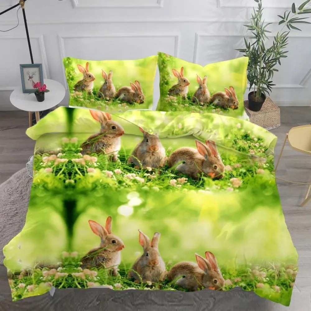 Lenjerie pat dublu  Bumbac Satinat  IMPRIMEU 3D DIGITAL  IDENTIC CU POZA  Verde  iepurasi