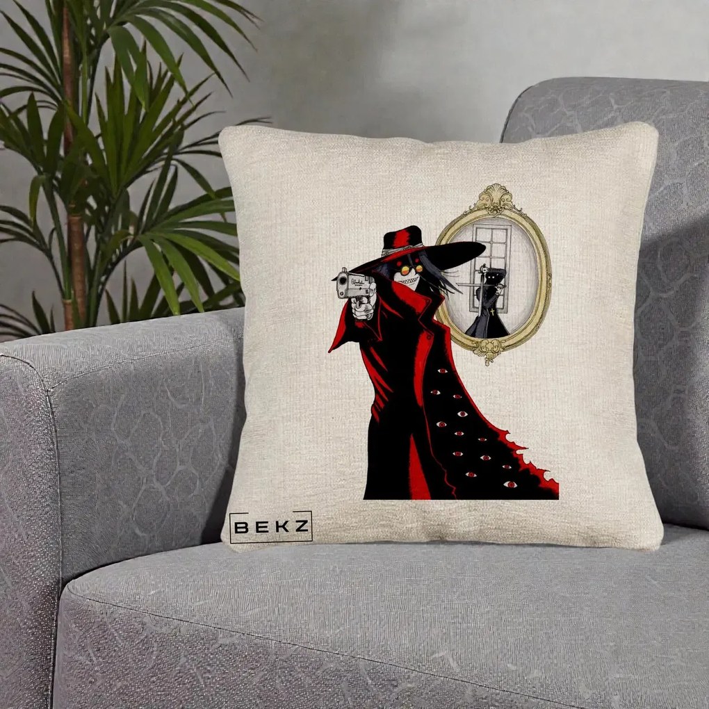 Perna Personalizata Hellsing Alucard cu Pistoale, 40x40 cm, Bej Canapea, Husa Detasabila, Perna Inclusa, BEKZ®