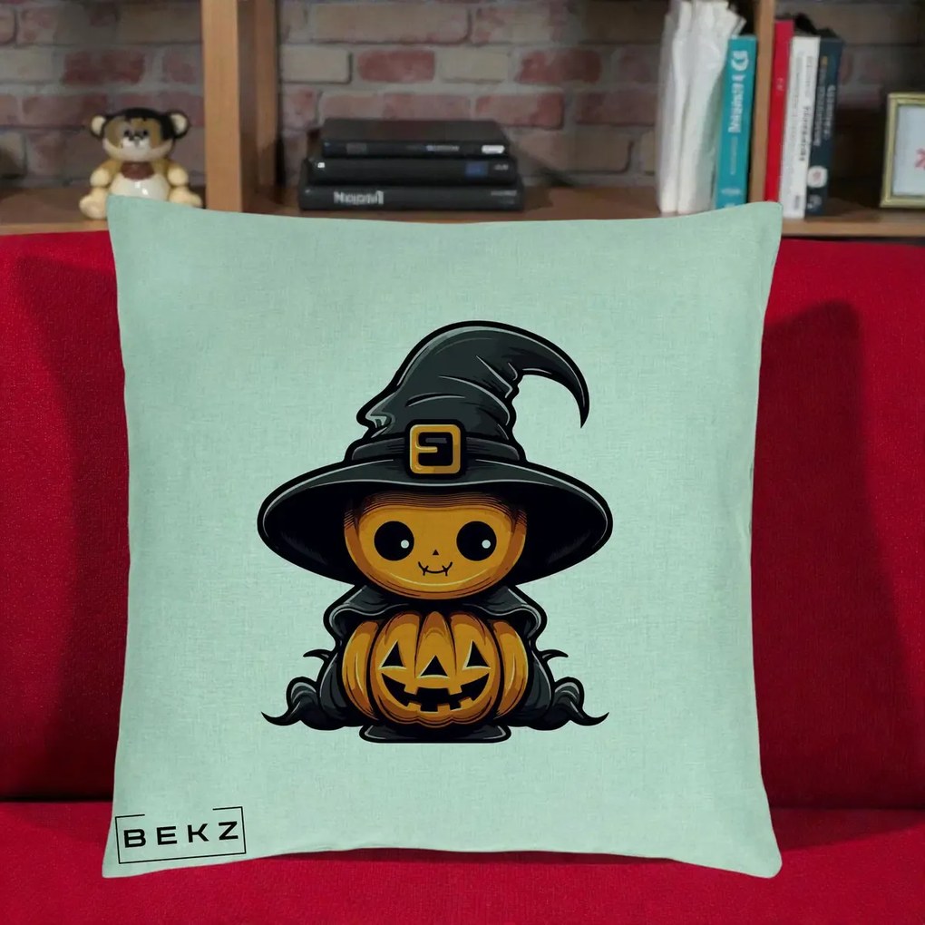 Perna Decorativa Halloween Dovleac Vrajitor Kawaii, 40x40 cm, Verde Menta, Husa Detasabila, Perna Inclusa, BEKZ®