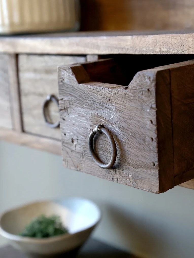 Etajeră de perete din lemn reciclat, natur, cu 1 raft, 3 sertare și mânere în formă de inel, aspect rustic, 15 x 36 x 12 cm, „Grimaud”
