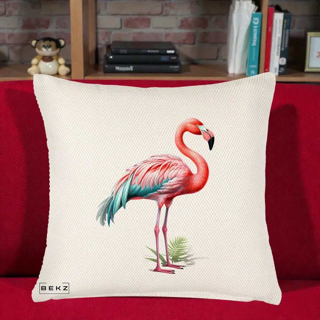 Perna Decorativa Flamingo Roz cu Pene Teal, 40x40 cm, Crem Reliefat, Husa Detasabila, Perna Inclusa, BEKZ®