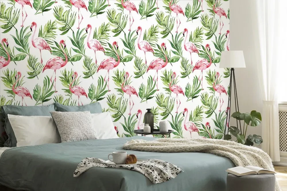 Tapet flamingo de acuarelă cu frunze