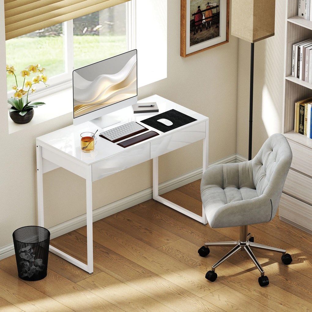 HOMCOM Birou Modern cu 2 Sertare și Picioare din Oțel, 100x50x75 cm, Alb Lucios | Aosom Romania