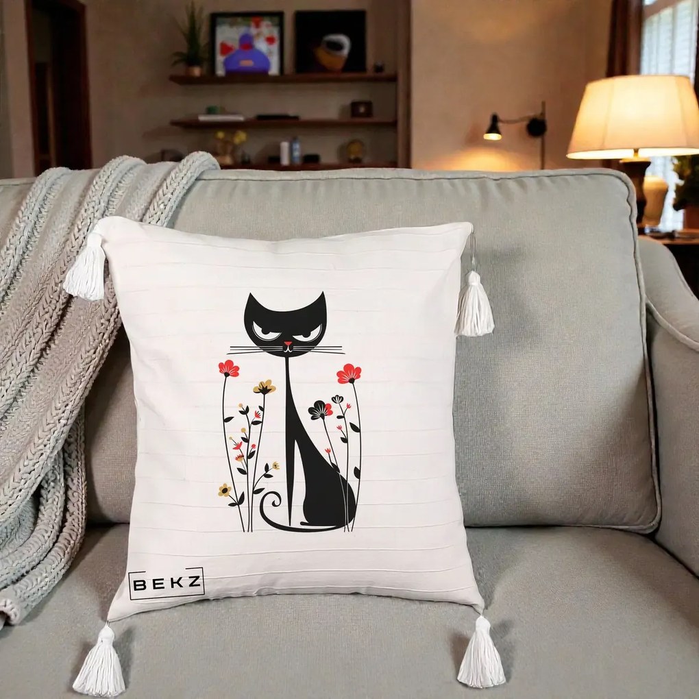 Perna Decorativa Pisica Neagra Grafica Flori Rosii, 40x40 cm, Bej cu Franjuri, Husa Detasabila, Perna Inclusa, BEKZ®