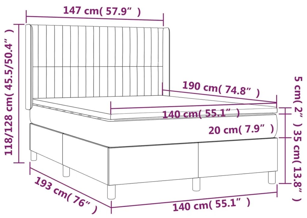 Pat box spring cu saltea, albastru, 140x200 cm, textil Albastru, 140 x 190 cm, Benzi verticale