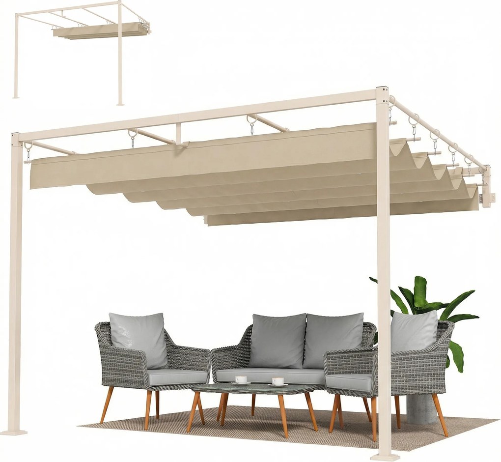 Outsunny Pergolă de perete pentru grădină 3x3 m cu acoperiș retractabil, protecție UPF30+, drenaj, pavilion de grădină pentru exterior, bej | Aosom Romania