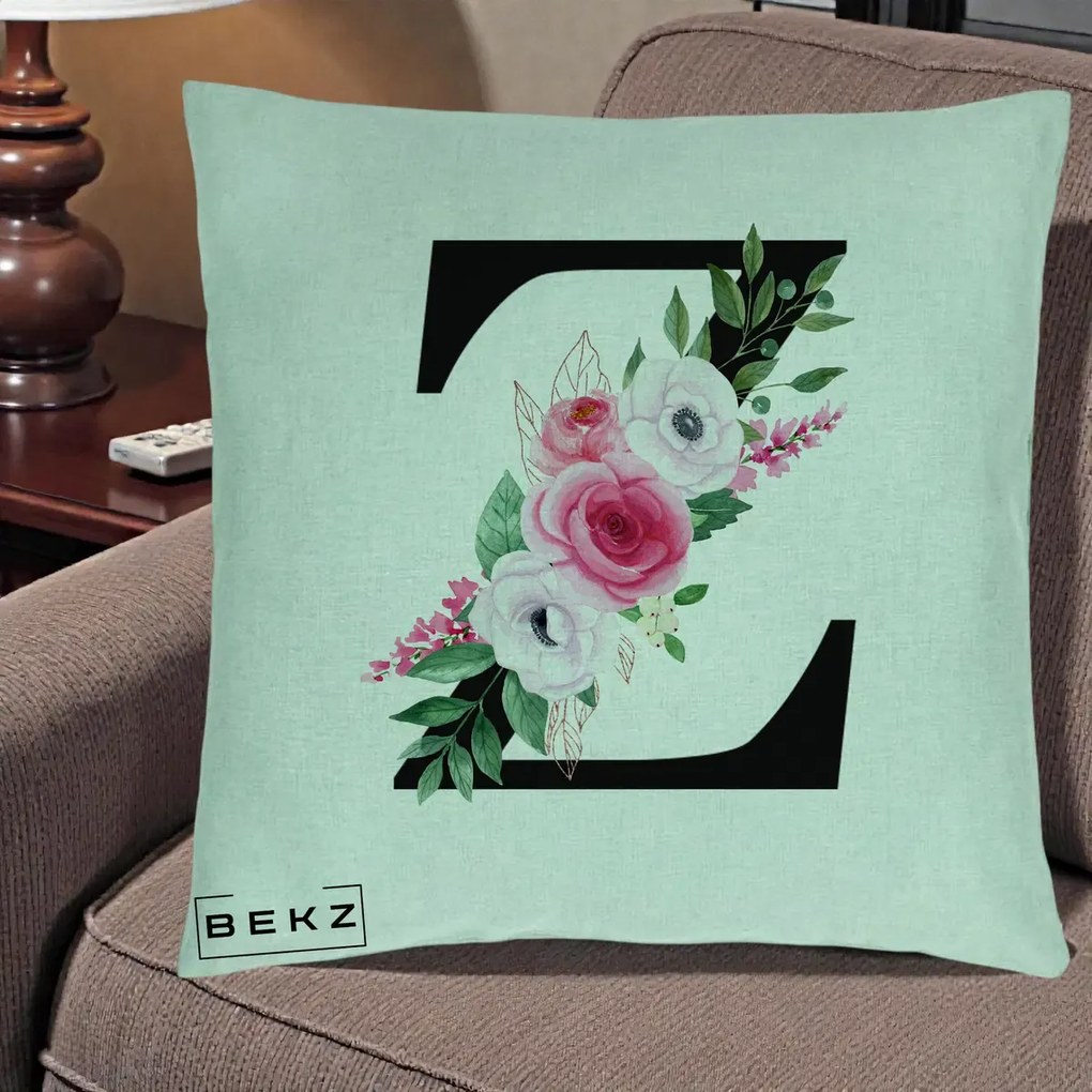 Cadou Personalizat - Perna Personalizata Monograma Florala Litera Z cu Buchet, 40x40 cm, Verde Menta, Husa Detasabila, Perna Inclusa, BEKZ®