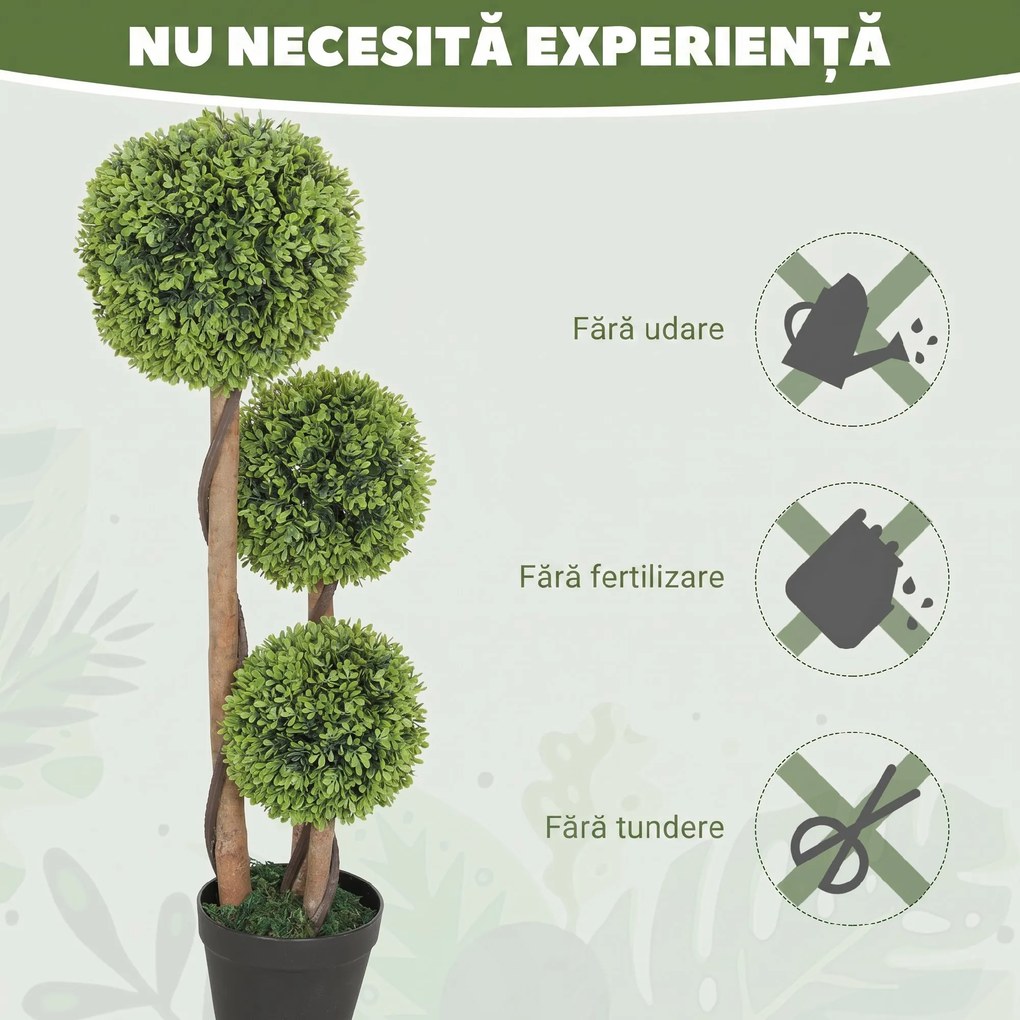 HOMCOM Set 2 Plante Artificiale de Buxus cu 3 Sfere, cu Ghiveci și Fund Întărit, Înălțime 90 cm, pentru Interior și Exterior | Aosom Romania