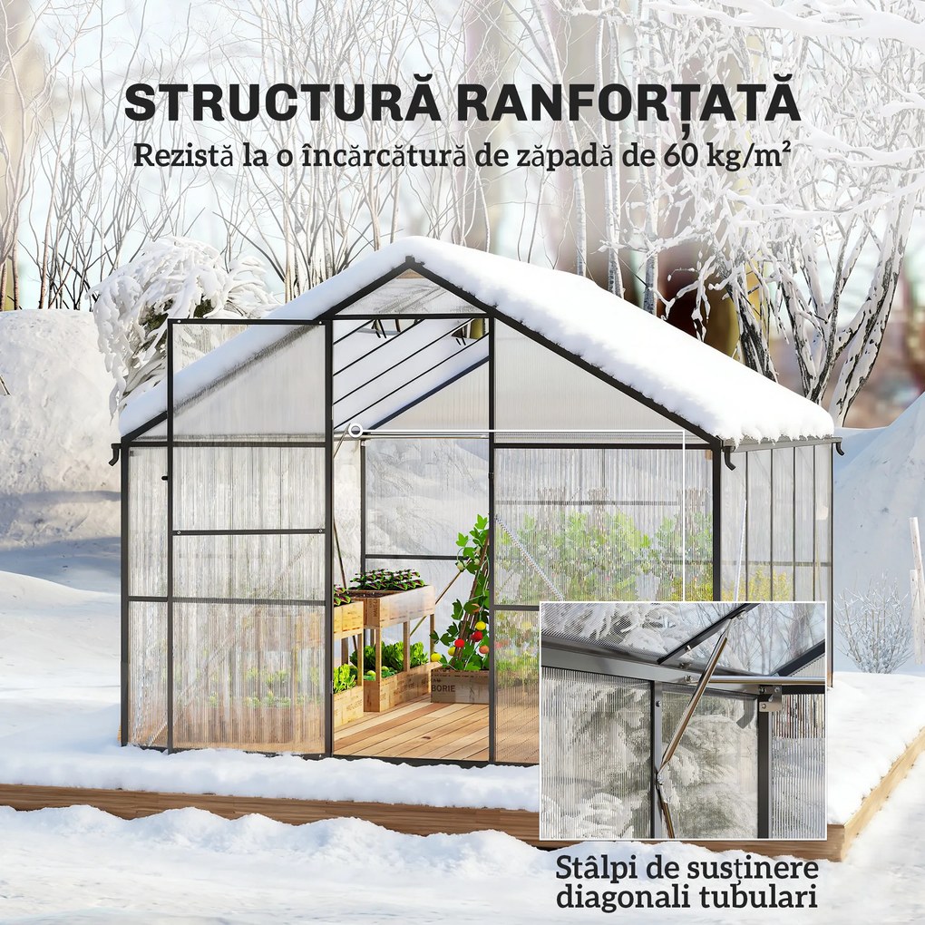 Seră de grădină Outsunny din aluminiu și policarbonat, 7,5㎡, cu ușă cu balamale, 2 ferestre reglabile, sistem de drenaj, anti-UV, 304x247x205cm, negru | Aosom Romania