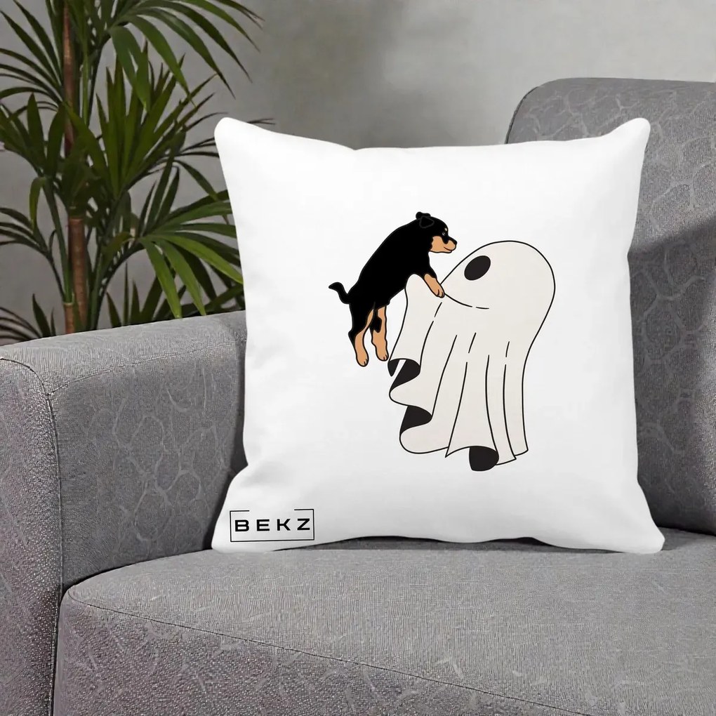 Perna Decorativa Caine Rottweiler Fantoma Halloween, 40x40 cm, Alba Mata, Husa Detasabila, Perna Inclusa, BEKZ®