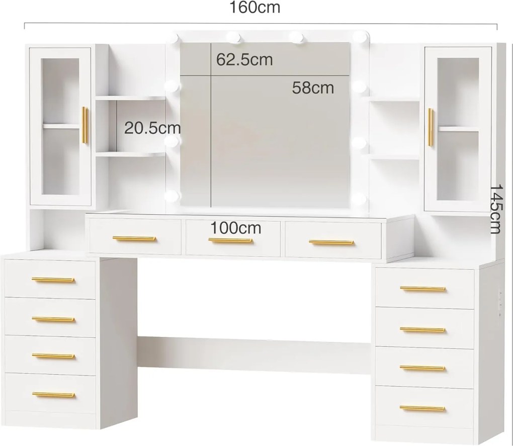 Set Masa toaleta alba 160 cm, cu Priza si USB, cosmetica, machiaj, oglinda cu LED, masuta vanity cu Blat de Sticla, make-up - SEA437