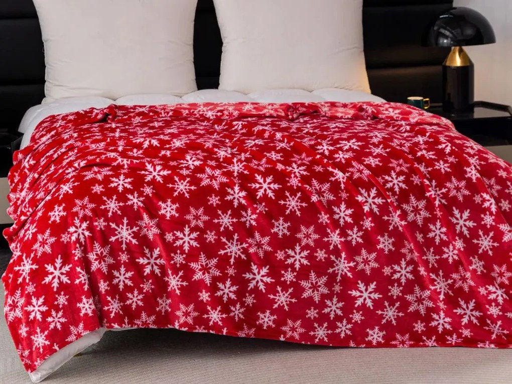 Patura de Craciun din microplus FROSTY FLAKES, rosie Dimensiune: 160 x 200 cm