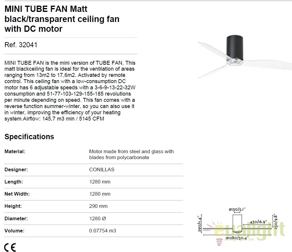 Ventilator de tavan modern cu telecomanda MINI TUBE FAN negru mat/transparent 32041