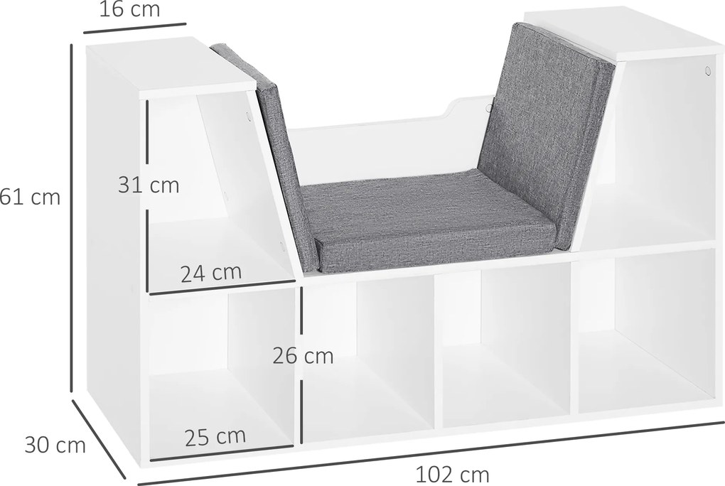 HOMCOM Bibliotecă 2 în 1 cu Perne Confortabile și 6 Compartimente, Mobilier Multifuncțional pentru Cărți și Jocuri, Raft cu 6 Cuburi pentru Sufragerie, Dormitor și Birou, 102x30x61 cm, Alb | Aosom Romania