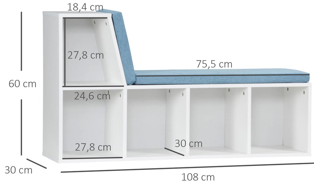 HOMCOM Biblioteca banc 2 in 1 cu 5 compartimente de depozitare si 2 perne 108 x 30 x 60 cm alb albastru | Aosom Romania