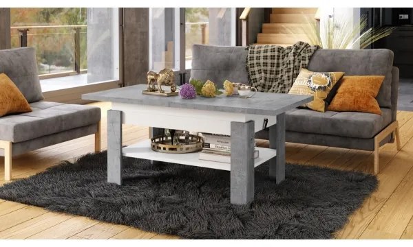 Masă extensibilă pentru living și dining ROY, cu blat rabatabil, gri beton/alb