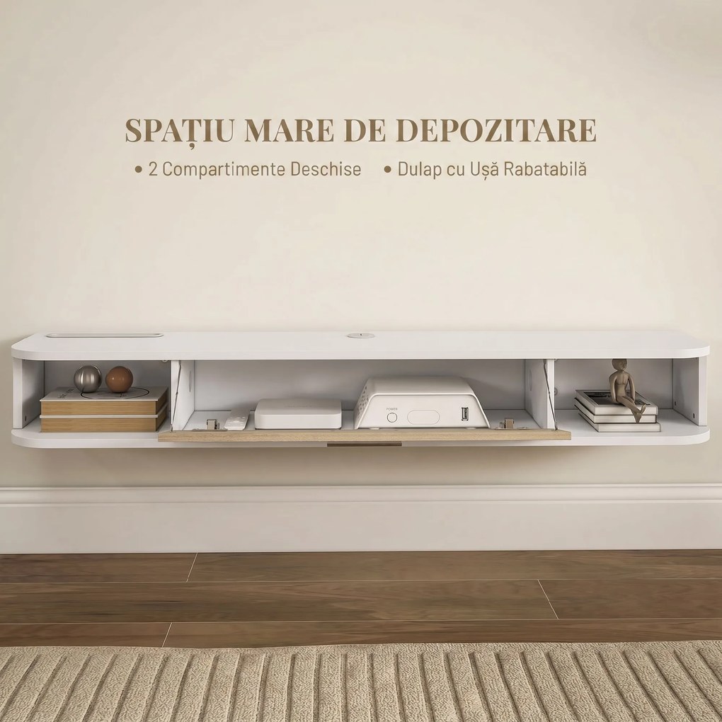 HOMCOM,Suport TV,Cu 2 Rafturi Deschise și Dulap cu Ușă Rabatabilă,MDF,120cm x 26cm x 16cm,Alb, gri | Aosom Romania