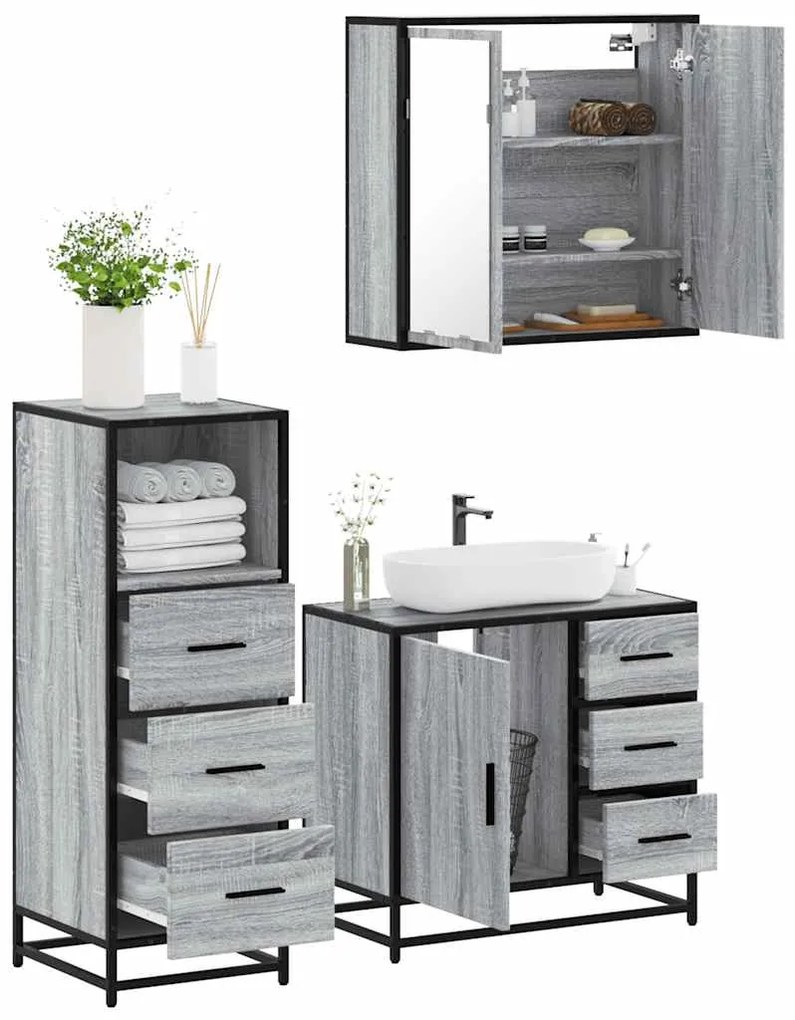 vidaXL Set mobilier de baie, 3 piese, gri sonoma, lemn prelucrat