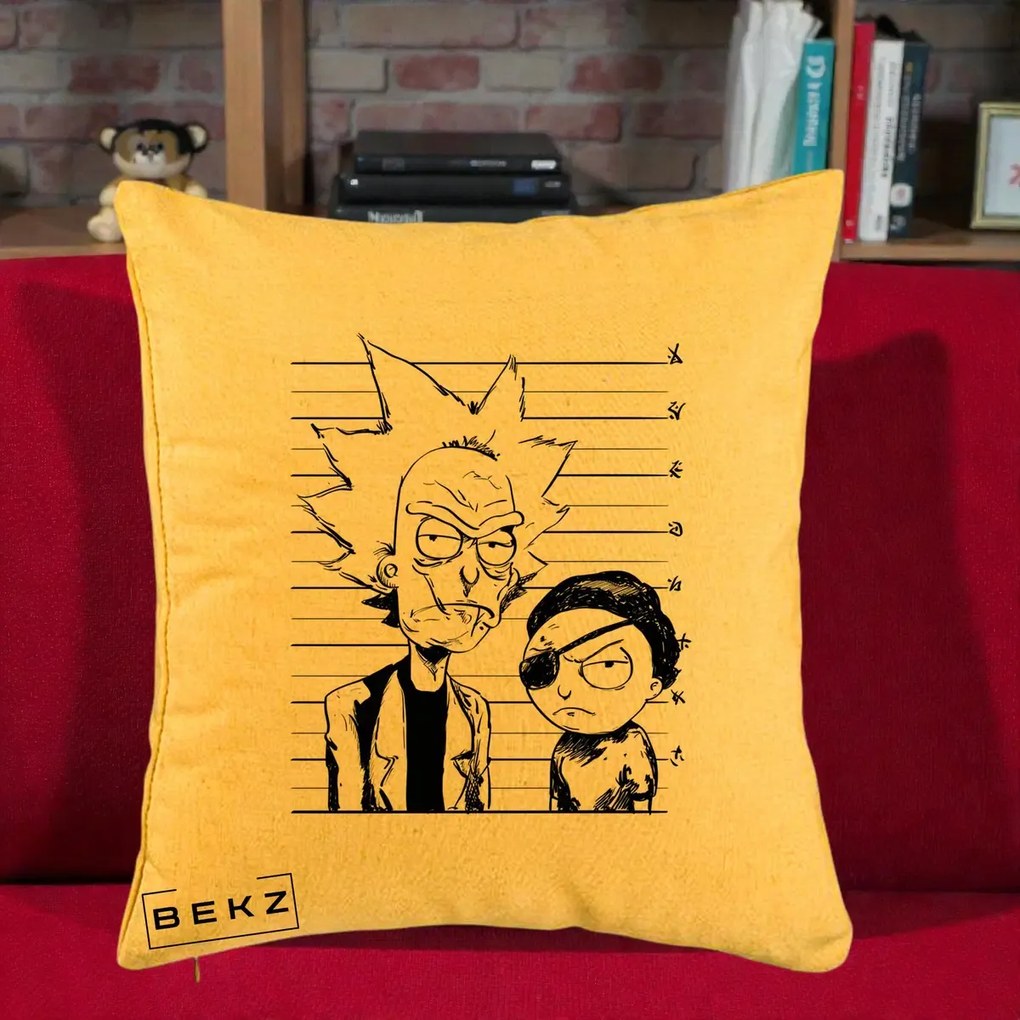 Perna Personalizata Rick si Morty Dosar, 40x40 cm, Galben, Husa Detasabila, Perna Inclusa, BEKZ®