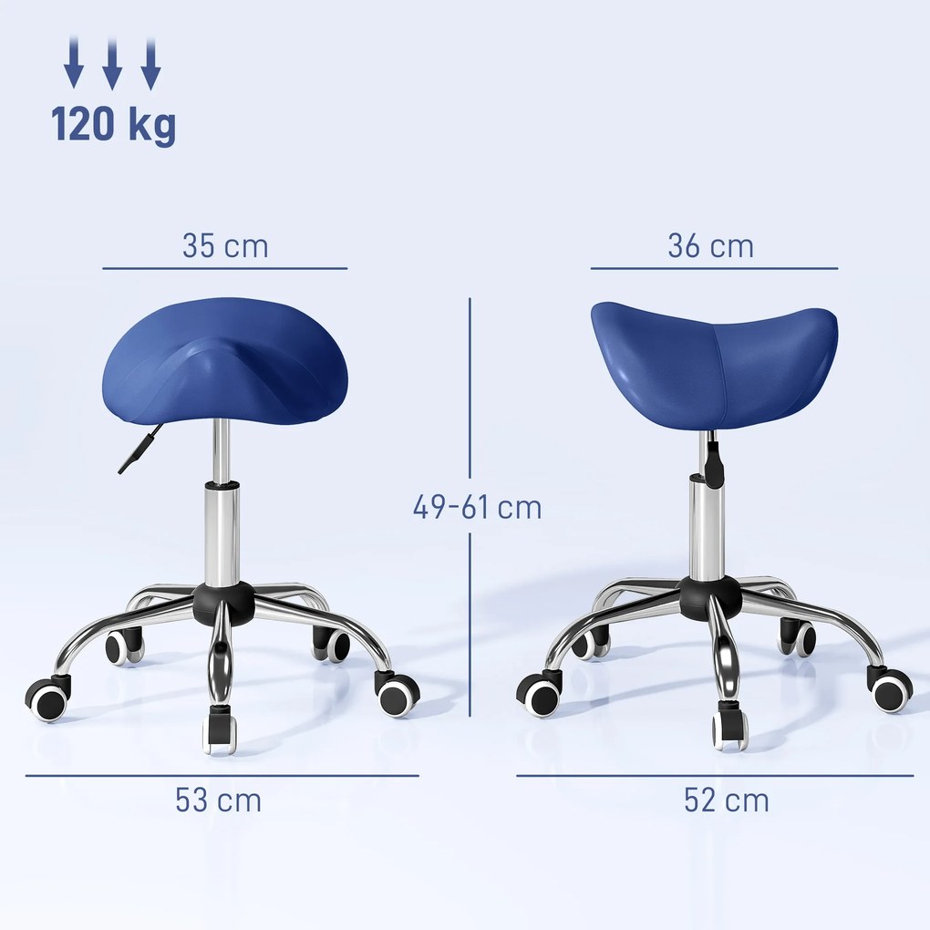 HOMCOM Taburet cu role, scaun de lucru cu înălțime reglabilă 49-61 cm și șezut ergonomic, 52x53x49-61cm, bleu | Aosom Romania